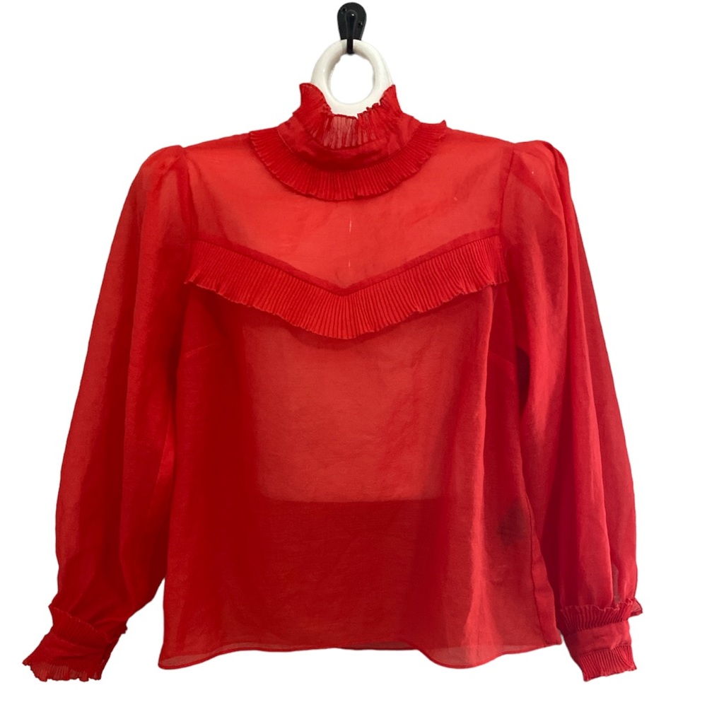 H&M sheer crepe red sleeve ruffled turtleneck